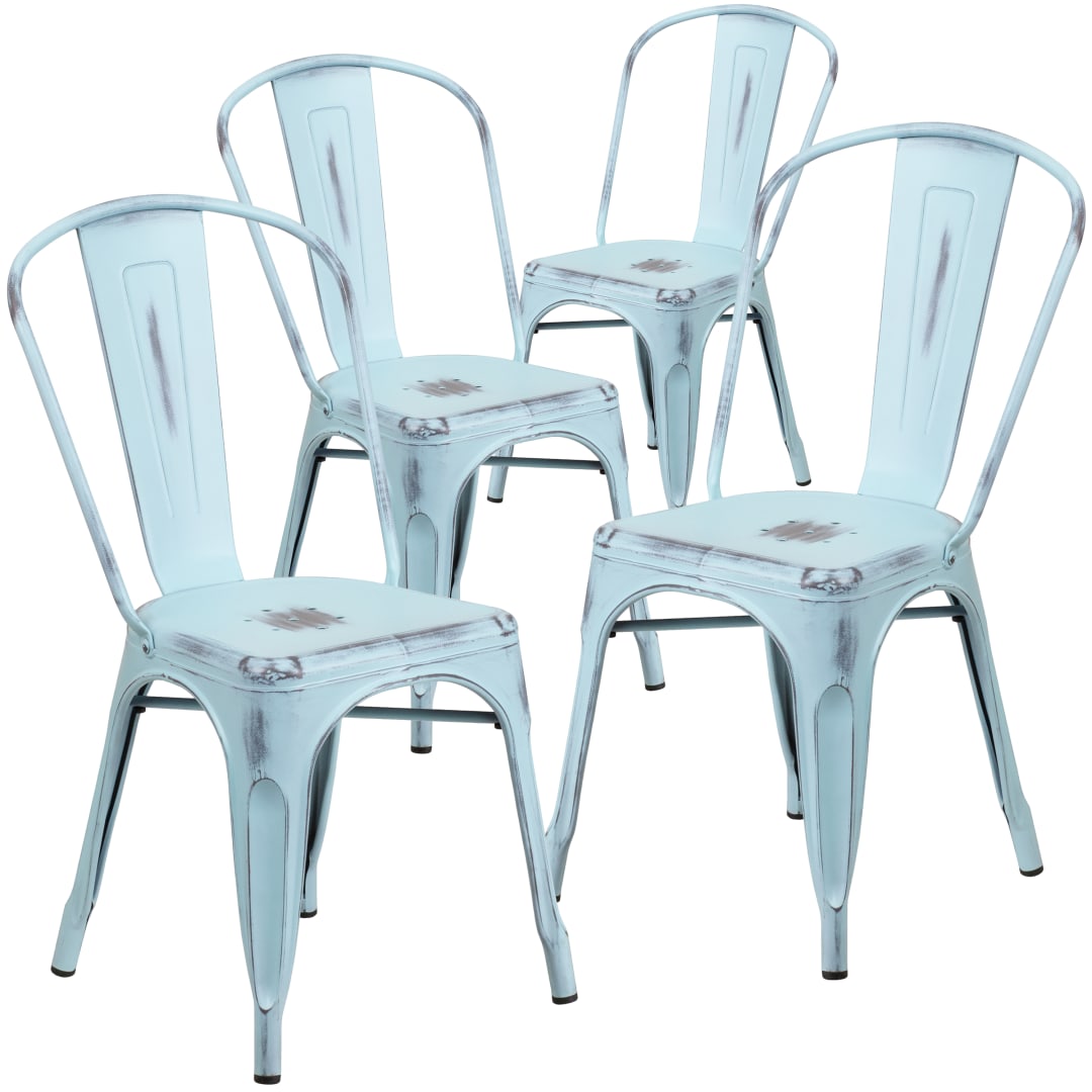 Blake Commercial Grade 4 Pack Distressed Green-Blue Metal Indoor-Outdoor Stackable Chair