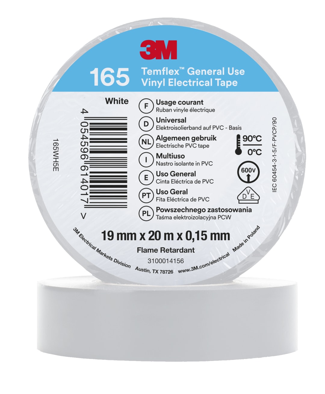 3M™ Temflex™ Vinyl Electrical Tape 165, White, 19 mm x 20 m, 100 Rolls/Case