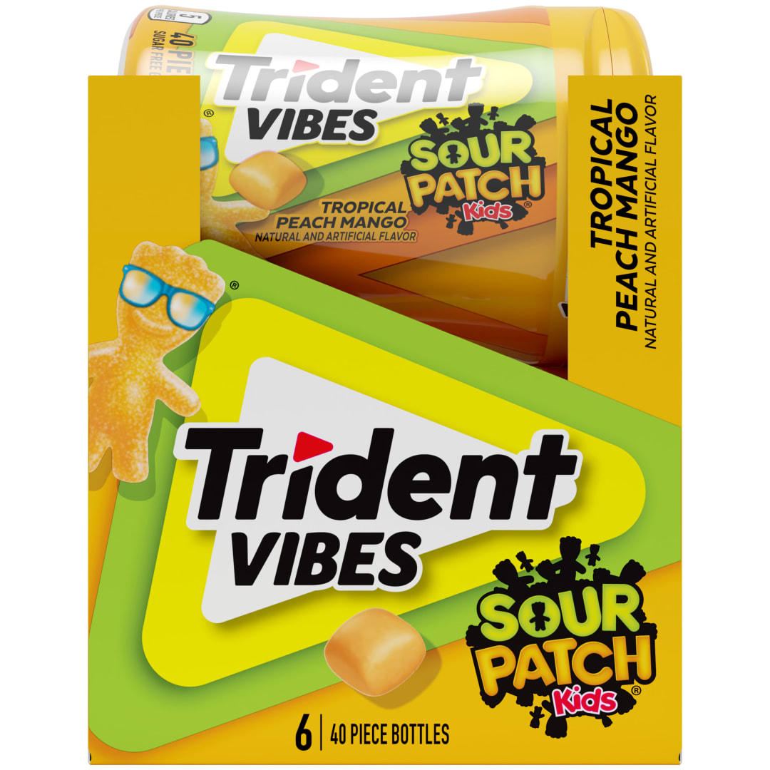 Trident Vibes SOUR PATCH KIDS Sugar Free Chewing Gum Tropical Peach Mango 40 pc Bottles - 6 Pack