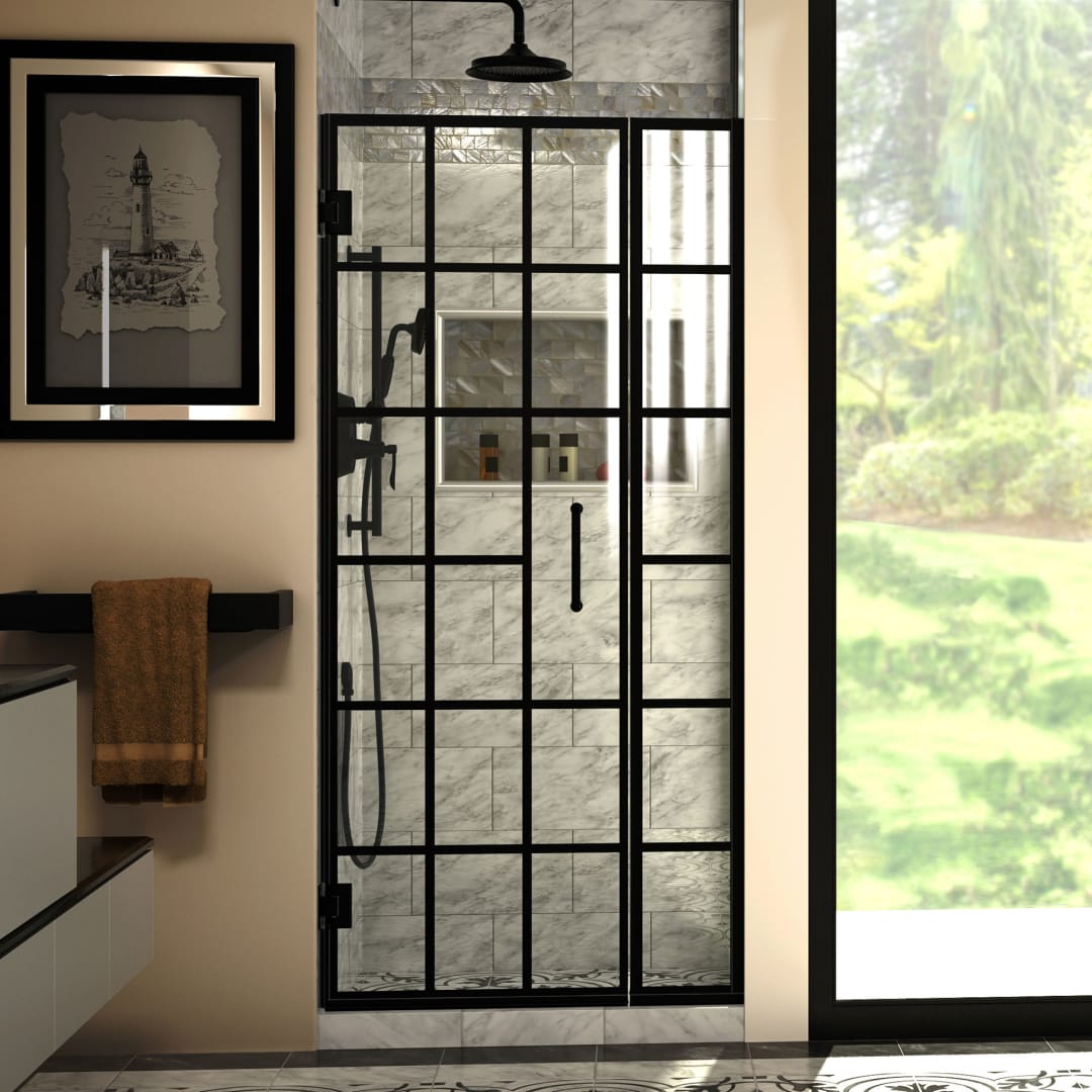 DreamLine Unidoor Toulon 34 - 34 1/2 inch W x 72 inch H Frameless Hinged Shower Door in Matte Black