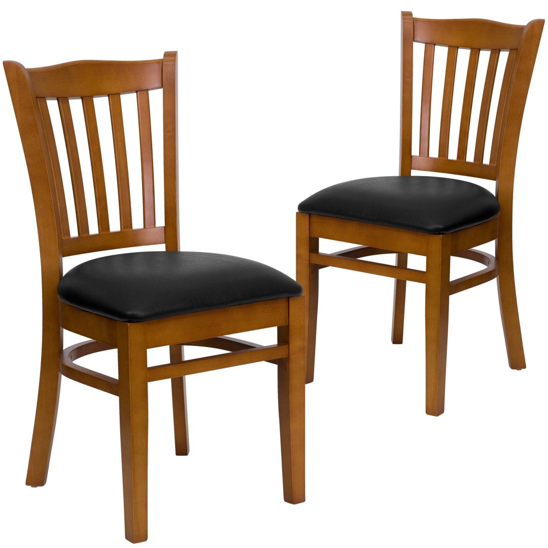 2 Pk. HERCULES Series Vertical Slat Back Cherry Wood Restaurant Chair - Black Vinyl Seat
