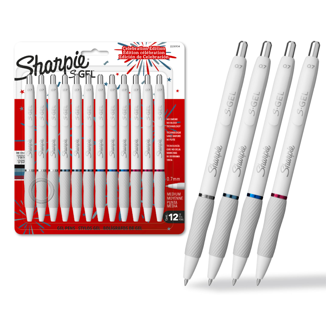 Sharpie S-Gel Pens, Fashion Barrel Gel Pens, Pearl White Body, Medium (0.7mm) Point, 12 Count, USA 250th Anniversary Edition