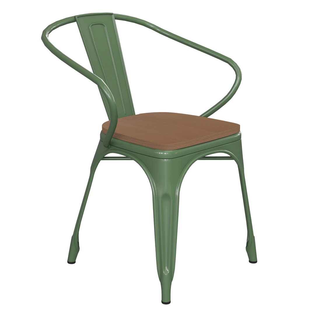 Luna Commercial Grade Green Metal Indoor-Outdoor Chair with Arms with Teak Poly Resin Wood Seat