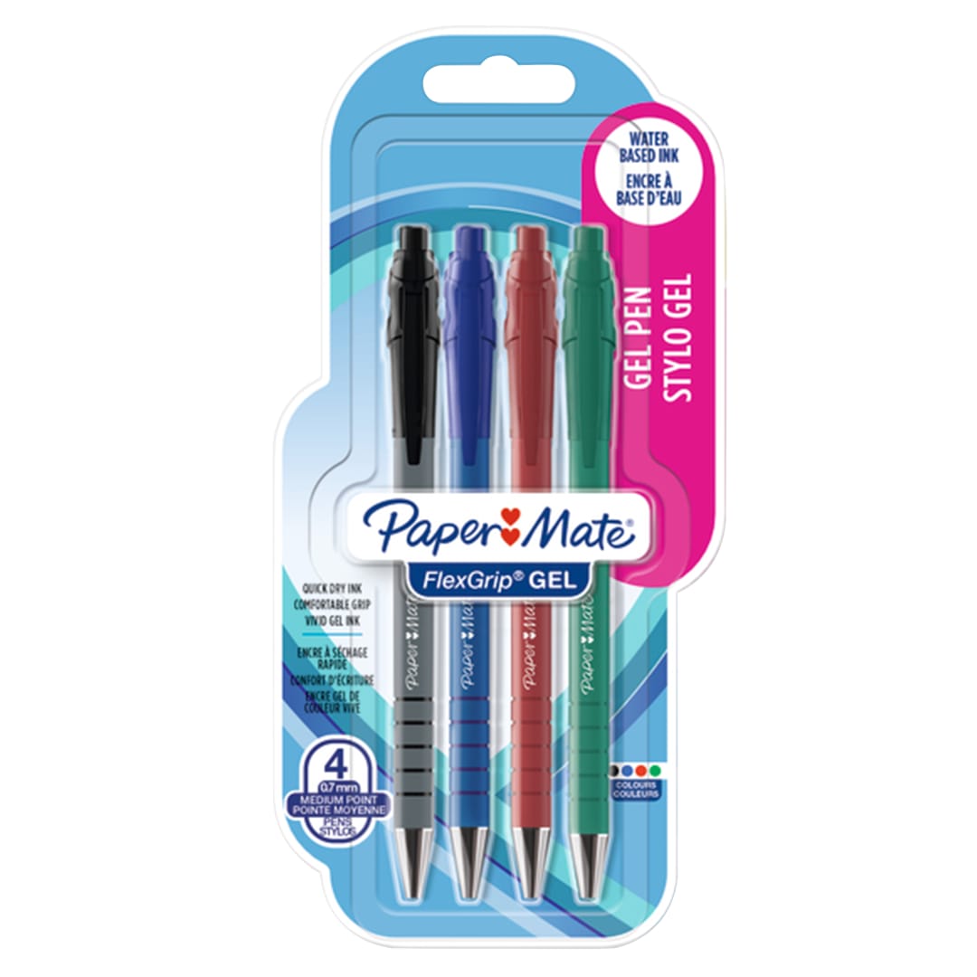 Paper Mate FlexGrip bolígrafos de gel | 0,7 mm | Tinta negra | azul | roja y verde | Material escolar | 4 unidades