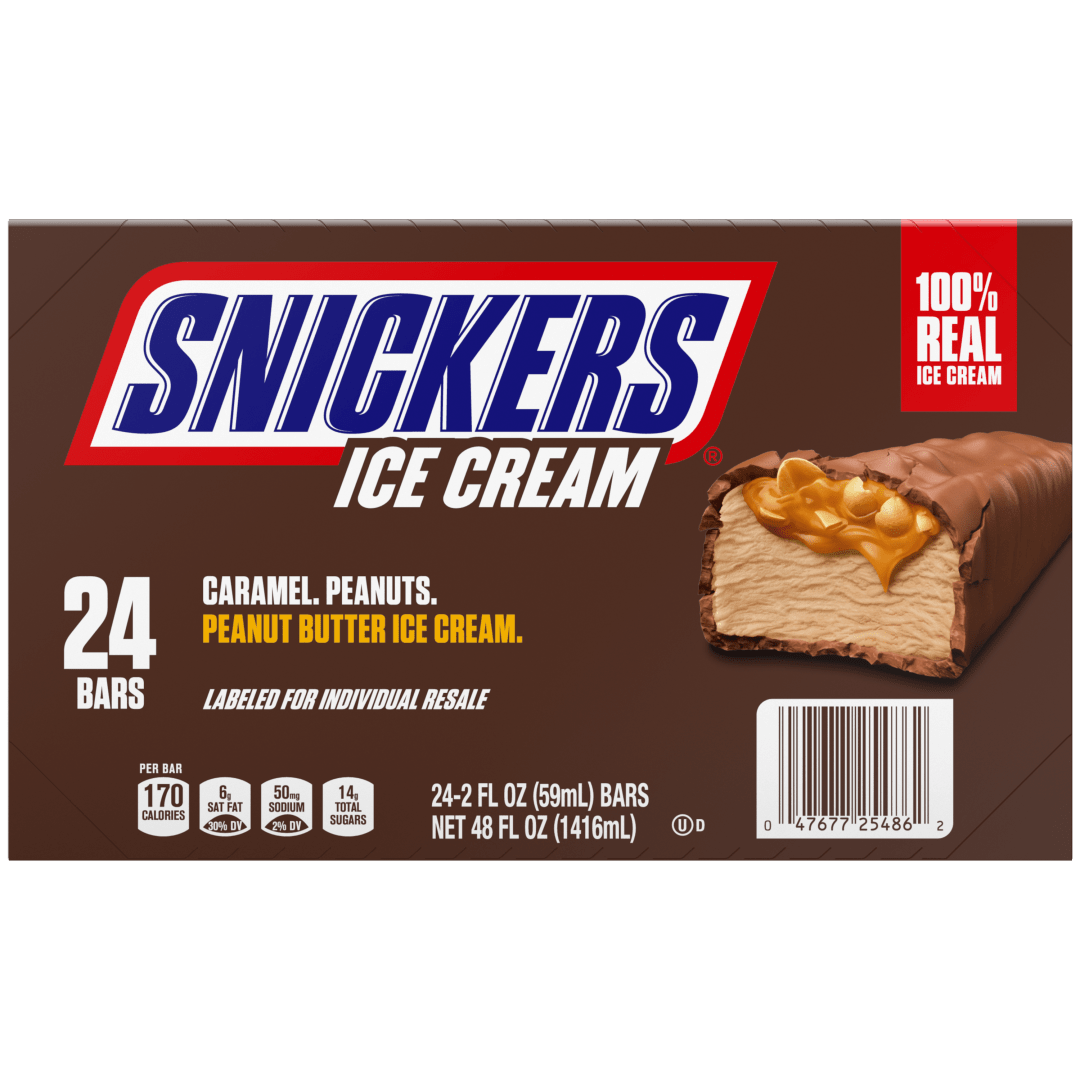 SNICKERS Ice Cream, Chocolatey Caramel Peanut Butter Ice Cream Bars Individually Wrapped Dessert Bulk, 24 Pack, 2 Oz Bars