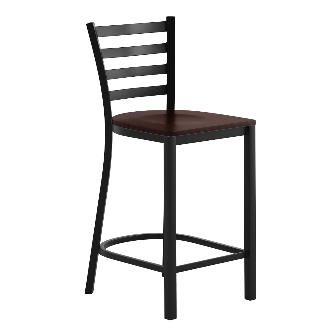 HERCULES Black Ladder Back Metal Restaurant Counter Stool - Walnut Wood Seat