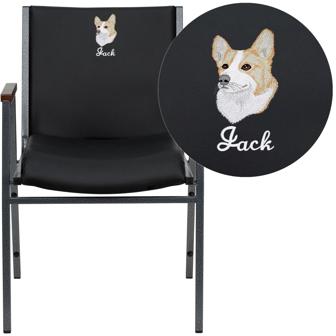 Embroidered HERCULES Series Heavy Duty Black Vinyl Stack Chair with Arms