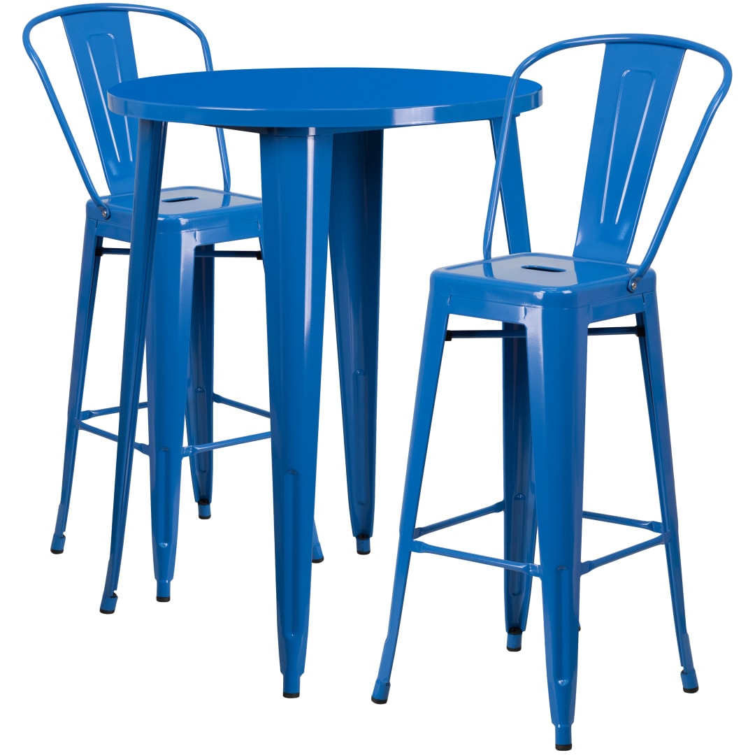Caron Commercial Grade 30" Round Blue Metal Indoor-Outdoor Bar Table Set with 2 Cafe Stools