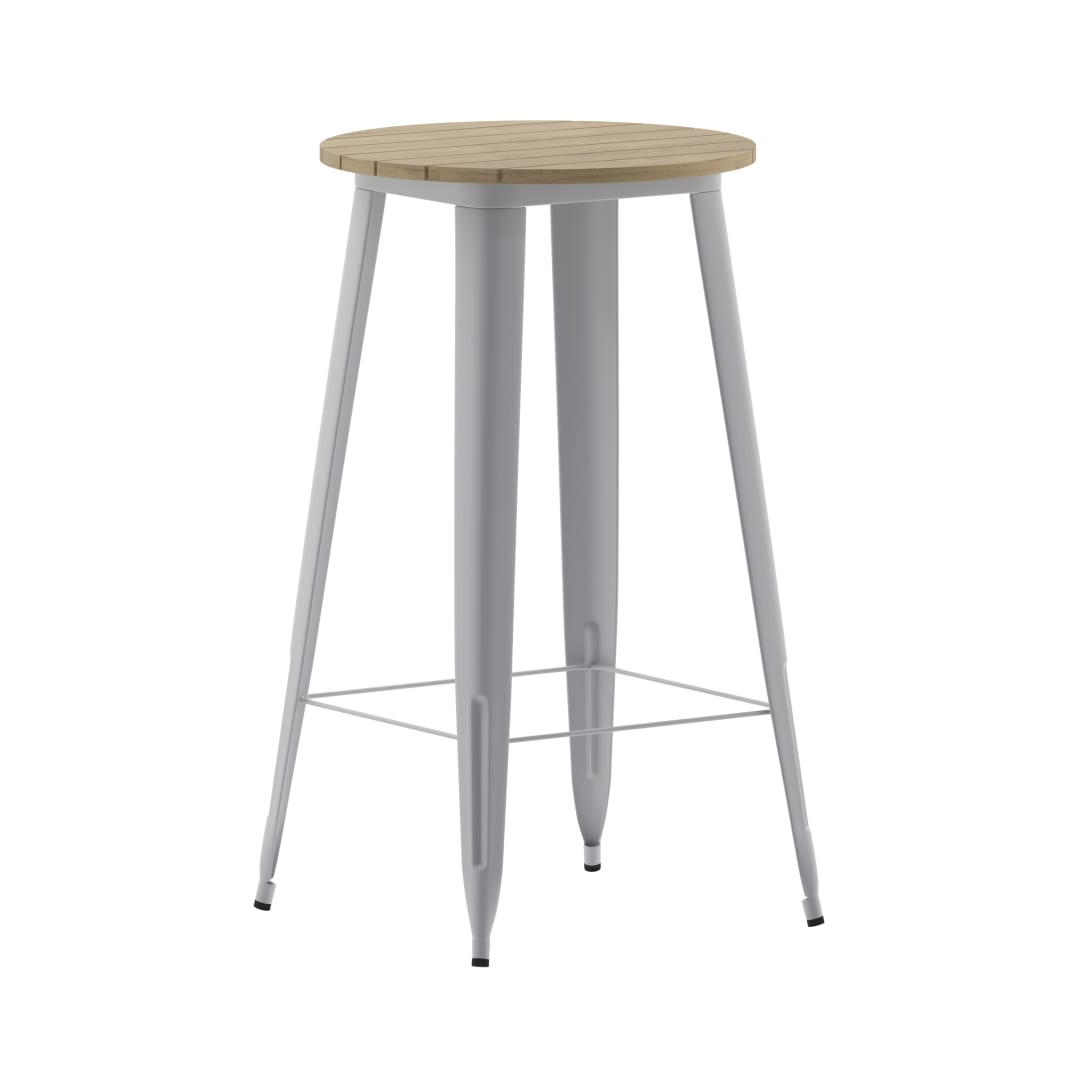 Declan Commercial Indoor/Outdoor Bar Top Table, 23.75" Round All Weather Brown Poly Resin Top with Silver Steel base