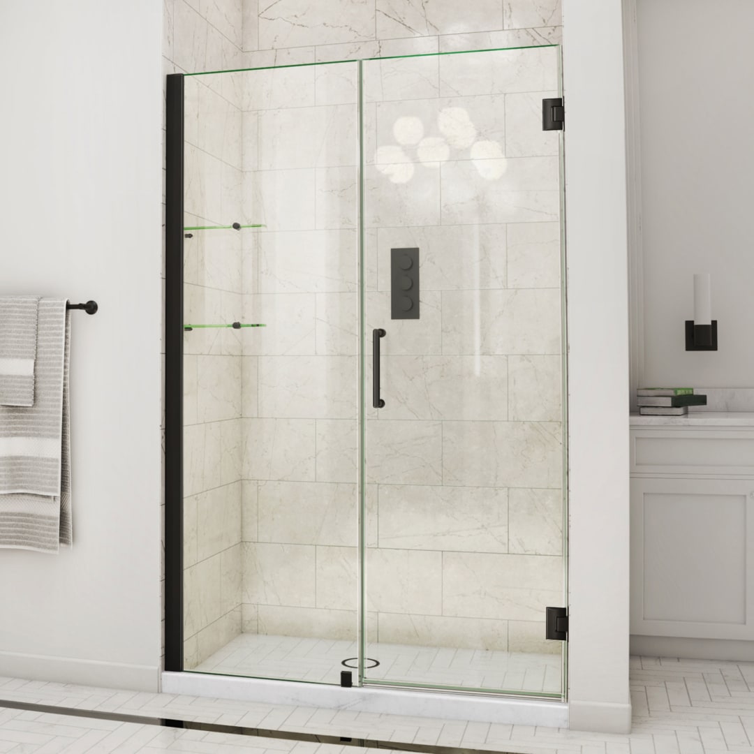 DreamLine Unidoor 47 - 48 inch W x 72 inch H Frameless Hinged Shower Door with Shelves in Matte Black