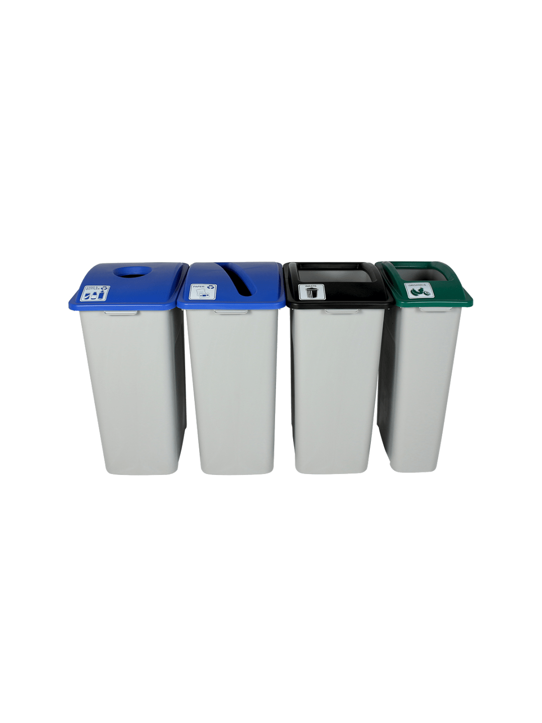  WASTE WATCHER - Quad - Kit - Xl - Cans &amp; Bottles-Paper-Organics-Waste - Circle-Slot-Full - Grey-Blue-Blue-Green-Black