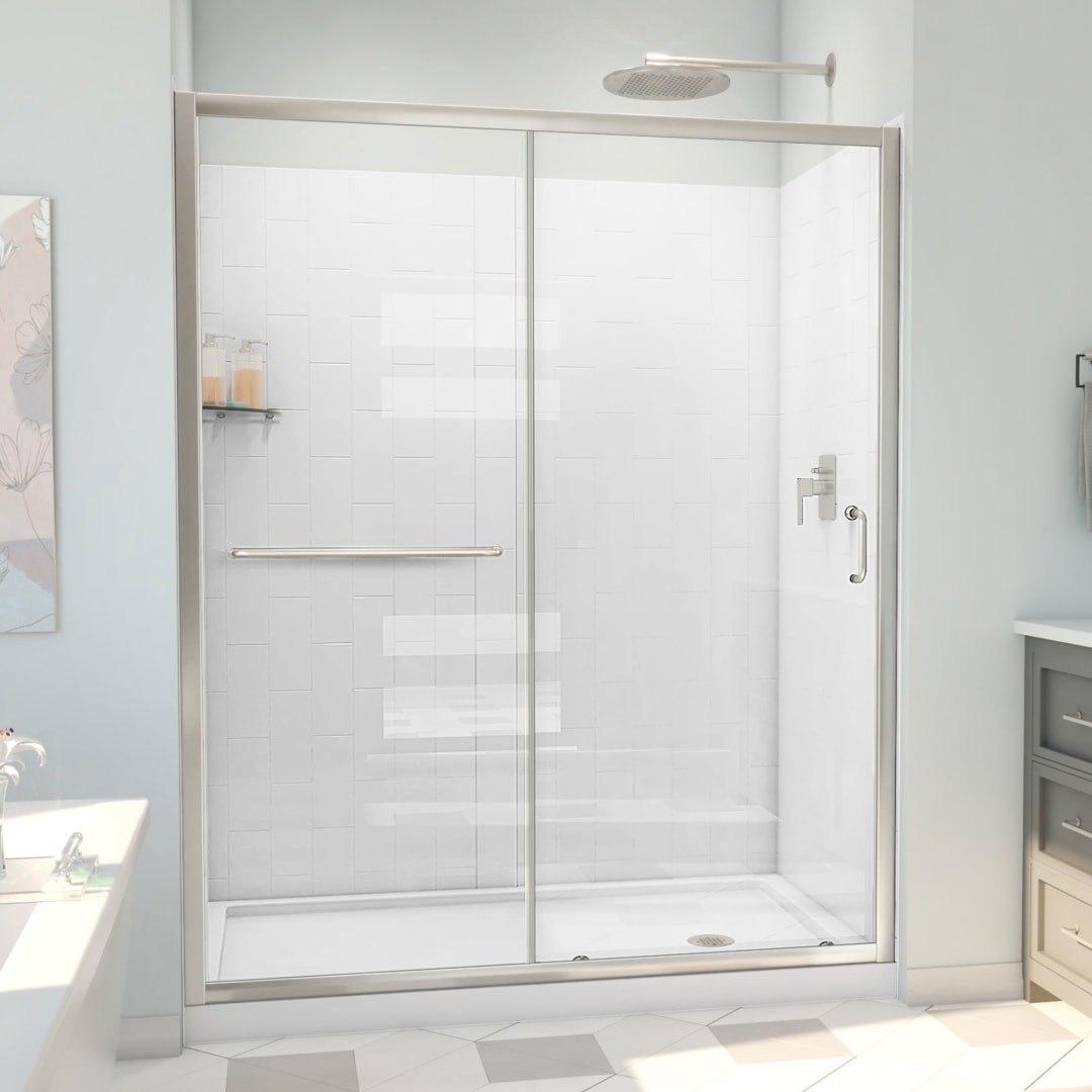 DreamLine Infinity-Z 32 inch D x 60 inch W x 78 3/4 inch H Semi-Frameless Sliding Shower Door in Brushed Nickel and Clear Glass, Right Drain Shower Base, and Wall Kit in White