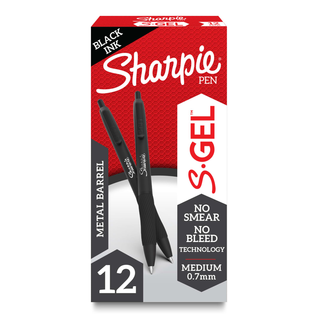 Sharpie® S-Gel, Gel Pens, Sleek Metal Barrel, Matte Black, Medium Point (0.7mm), Black Ink, 12 Count