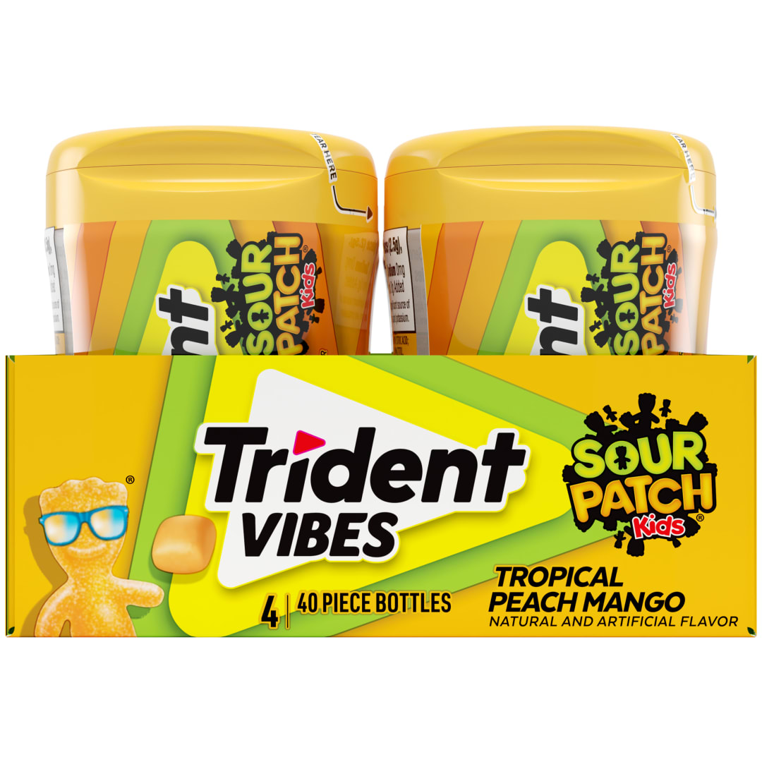 Trident Vibes SOUR PATCH KIDS Sugar Free Chewing Gum Tropical Peach Mango 40 pc Bottles - 4 Pack