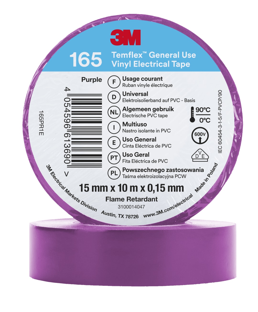 3M™ Temflex™ Vinyl Electrical Tape 165, Purple, 15 mm x 10 m, 100 Rolls/Case