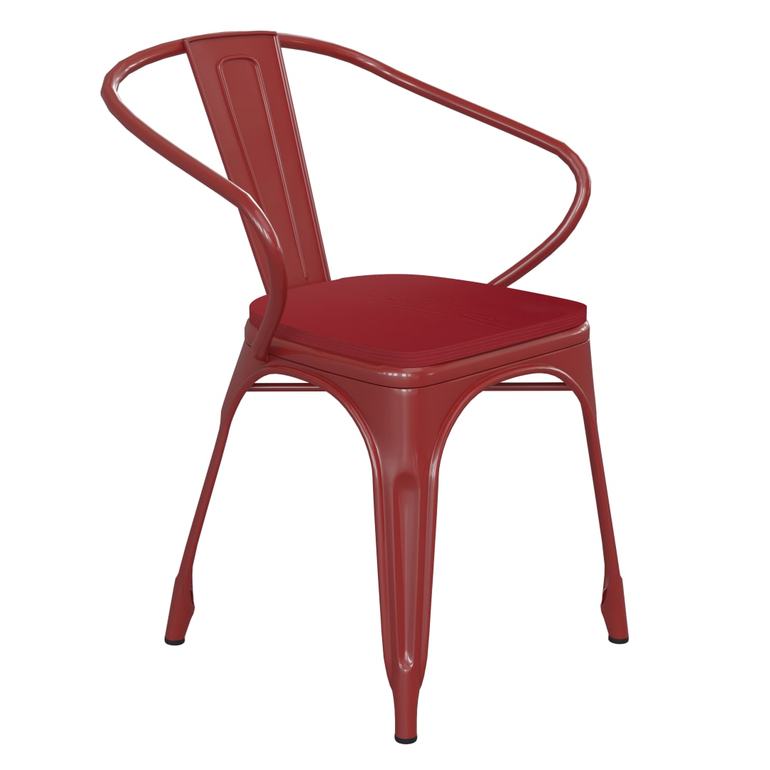 Luna Commercial Grade Red Metal Indoor-Outdoor Chair with Arms with Red Poly Resin Wood Seat