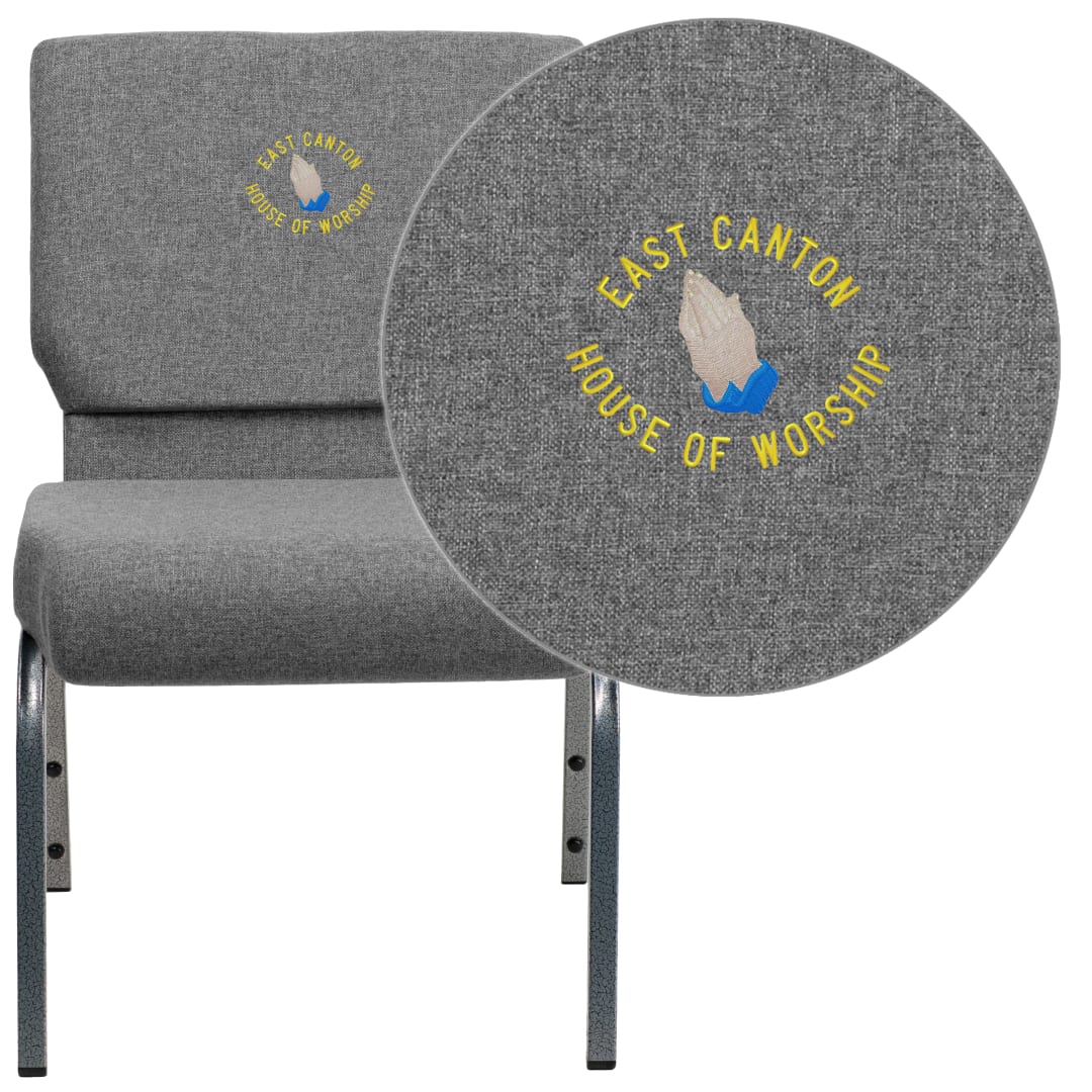 Embroidered HERCULES Series 21''W Stacking Church Chair in Gray Fabric - Silver Vein Frame