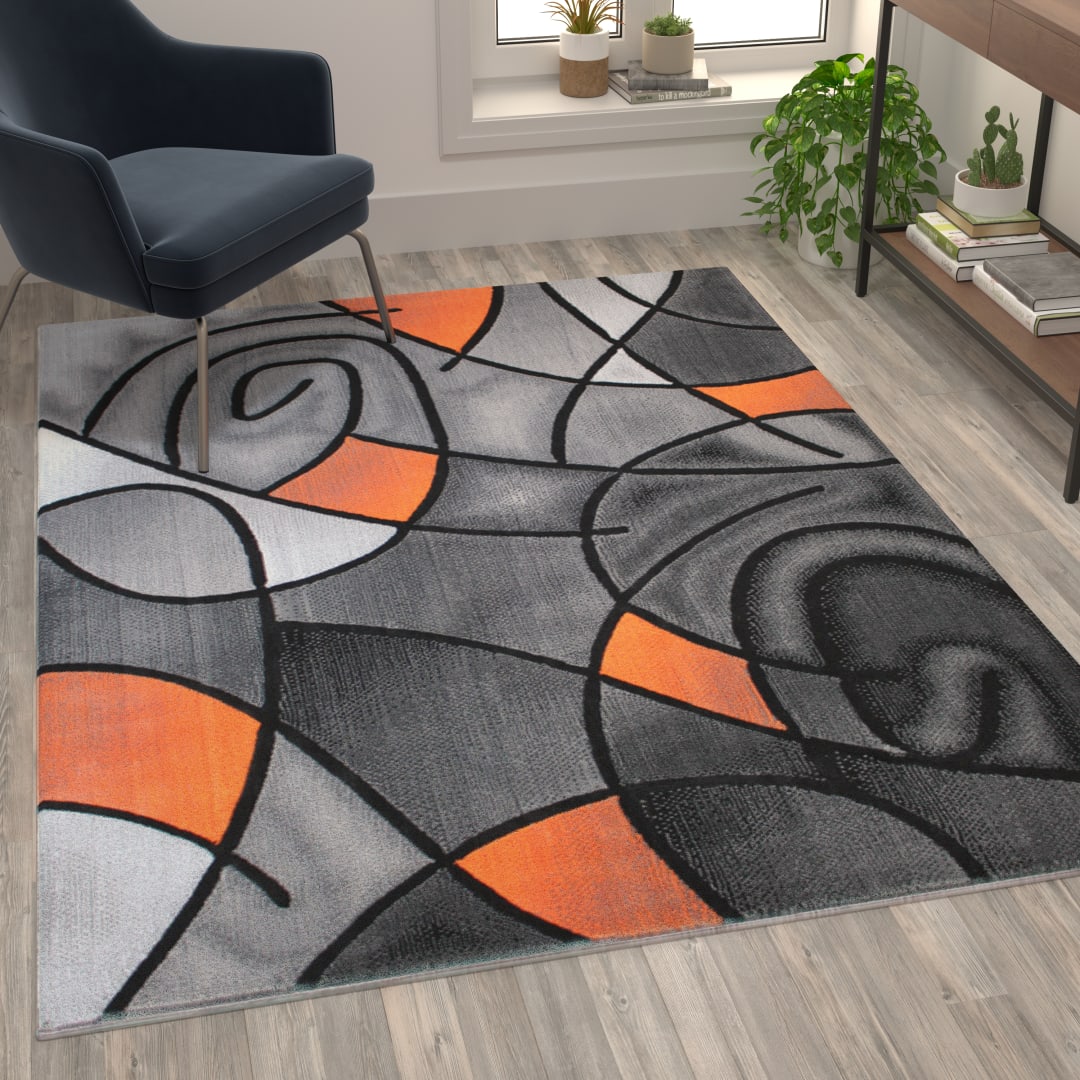 Jubilee Collection 5' x 7' Orange Abstract Area Rug - Olefin Rug with Jute Backing - Living Room, Bedroom, &amp; Family Room
