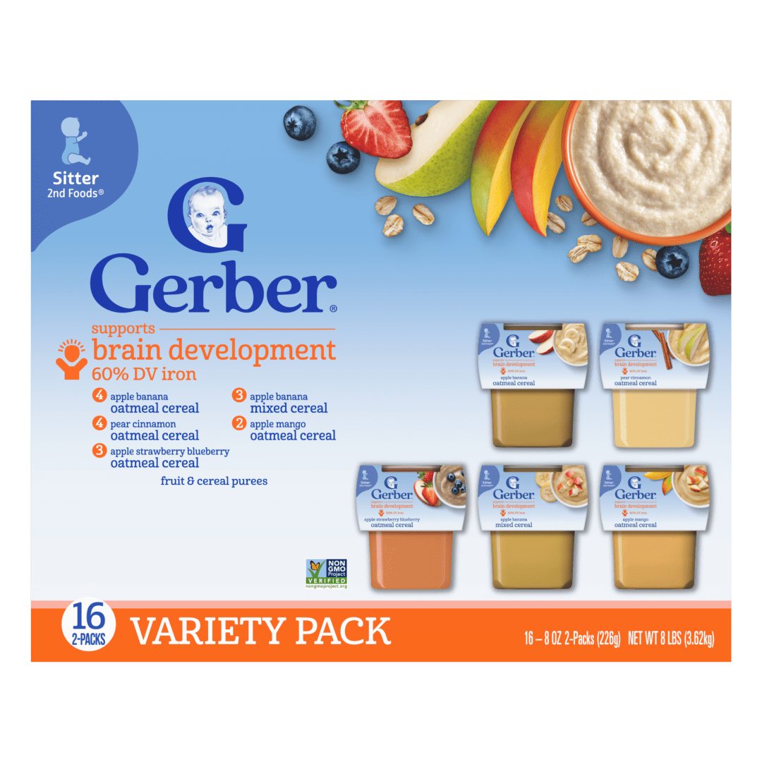 Gerber Stage 2 Baby Food, Fruit And Cereal Tubs Variety Pack, Baby Cereal, 32PK