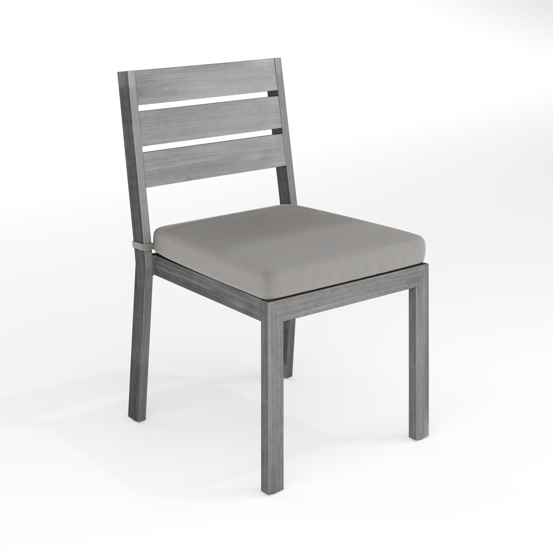 Bedford Indoor-Outdoor Stackable Patio Dining Chair with Gray Brushed Woodgrain Aluminum Finish and Gray All-Weather Seat Cushion