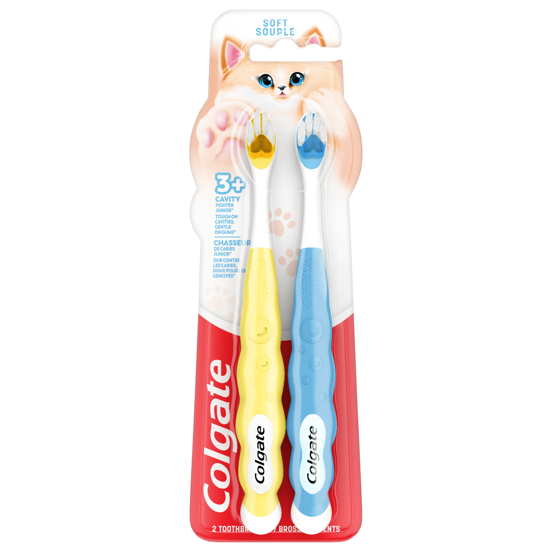Colgate Animal Paw Soft Kids Toothbrush Pack, Yellow and Blue, 2 Count