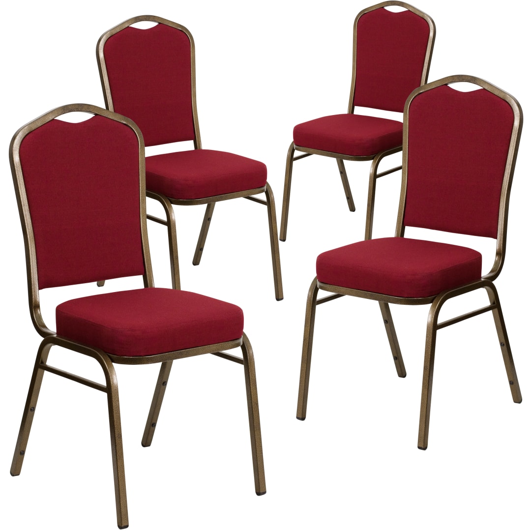 4 Pack HERCULES Series Crown Back Stacking Banquet Chair in Burgundy Fabric - Gold Vein Frame