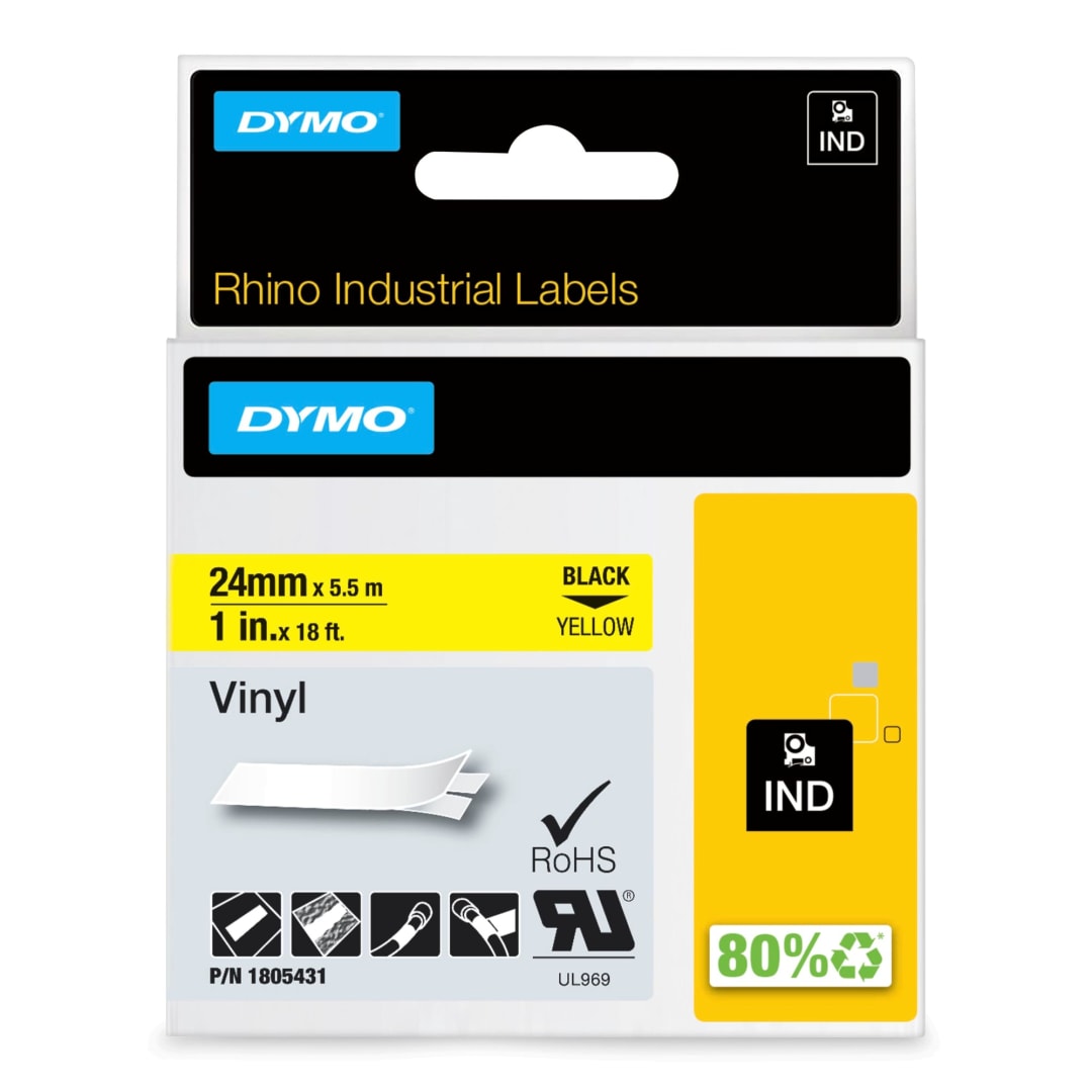 DYMO® Rhino Industrial Vinyl Labels, 1", Black Print on Yellow Tape