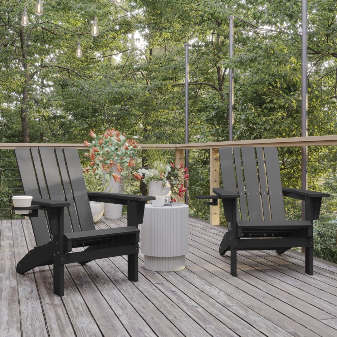Halifax Adirondack Chair with Cup Holder, Weather Resistant HDPE Adirondack Chair in Gray, Set of 2