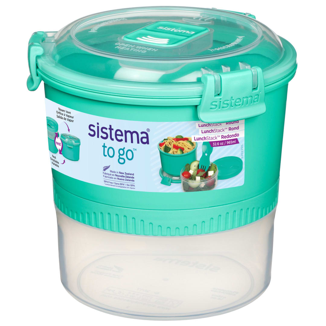 Sistema Lunch Stack To Go Round Food Storage Container with 2 Compartments & Spork, 965 mL, Colour May Vary, 1 Pack