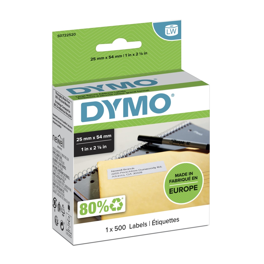 DYMO® Authentic LabelWriter™ Large Return Address Labels | 25 mm x 54 mm | Self-Adhesive | Roll of 500 Easy-Peel Labels | for LabelWriter™ Label Makers | Made in Europe