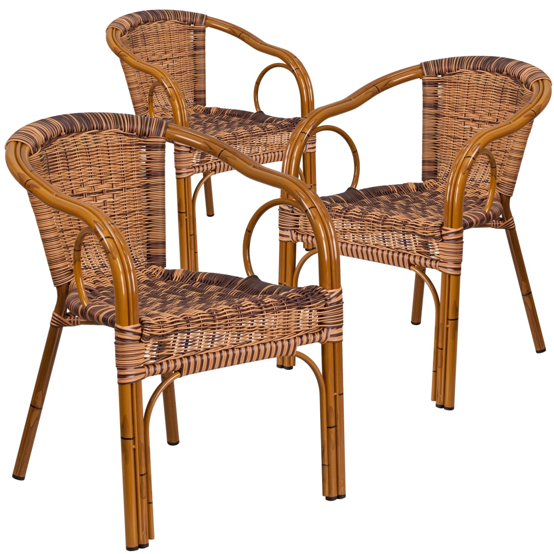 Lila 3 Pack Burning Brown Rattan Restaurant Patio Chair with Dark Red Bamboo-Aluminum Frame