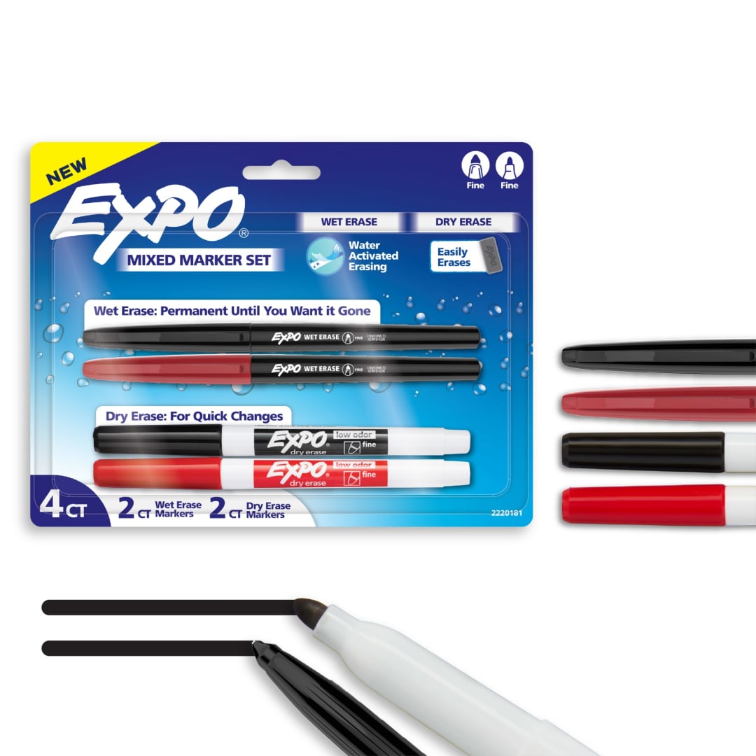 EXPO Markers Variety Pack, Features Dry Erase and Wet Erase Markers, Fine Tip, Black and Red Markers, 4 Count