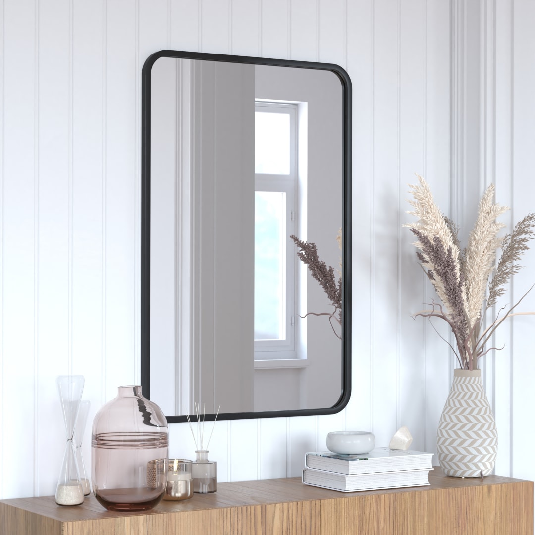 Jada 24" x 36" Decorative Wall Mirror - Rounded Corners, Bathroom &amp; Living Room Glass Mirror Hangs Horizontal Or Vertical, Matte Black
