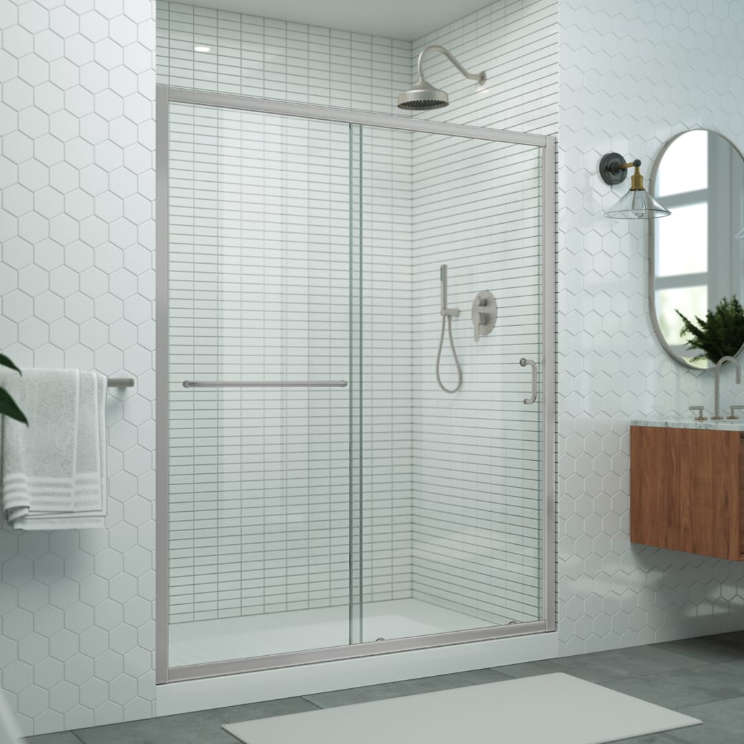 DreamLine Levantine 56-60 inch W x 72 inch H Semi-Frameless Sliding Shower Door, Clear Glass in Brushed Nickel