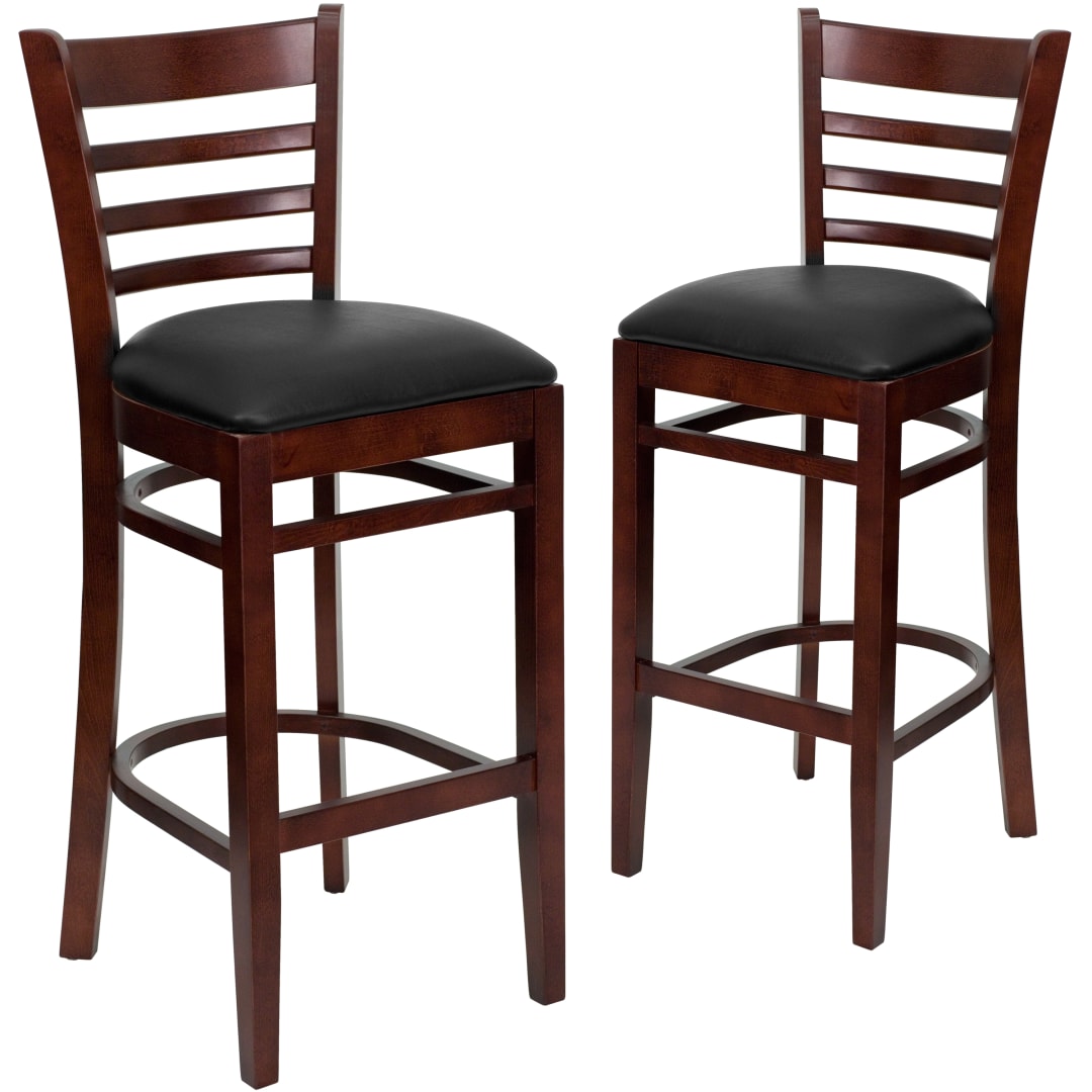 2 Pack HERCULES Series Ladder Back Mahogany Wood Restaurant Barstool - Black Vinyl Seat
