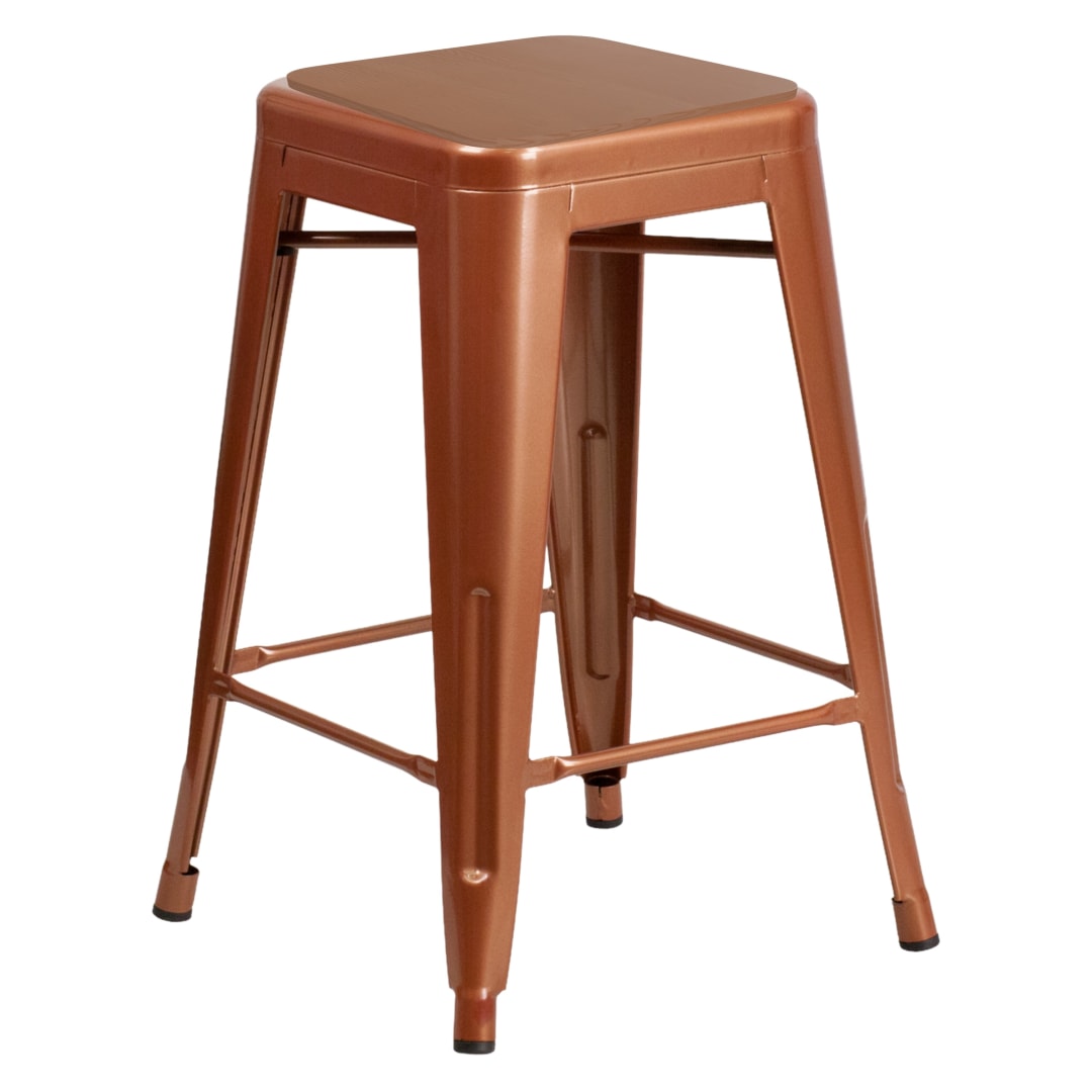 Kai Commercial Grade 24" High Backless Copper Metal Indoor-Outdoor Bar Height Stool with Teak All-Weather Polystyrene Seat