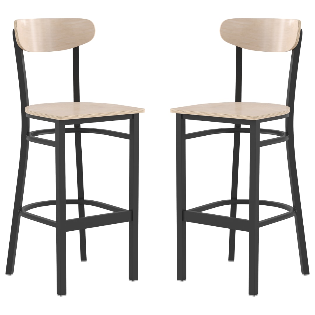 Wright Set of 2 Commercial Grade Barstools with 500 LB. Capacity Black Steel Frame, Solid Wood Seat, and Boomerang Back, Natural Birch Finish