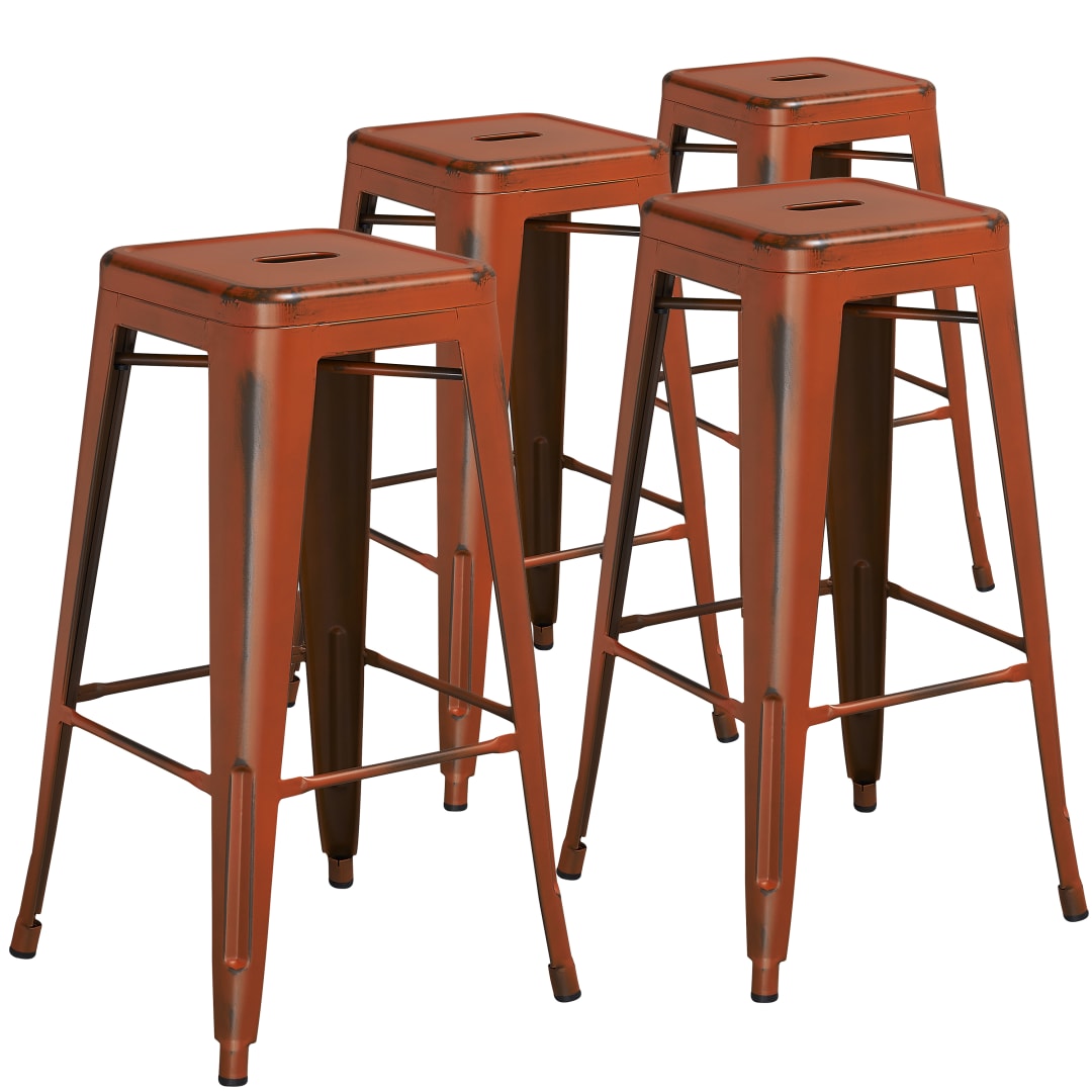 Kai Commercial Grade 4 Pack 30" High Backless Distressed Orange Metal Indoor-Outdoor Barstool