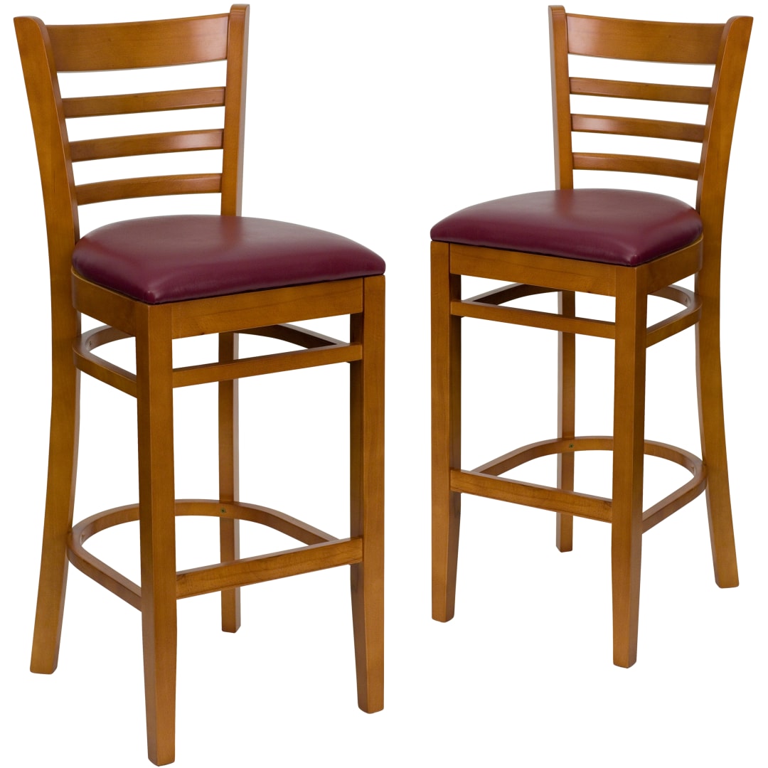 2 Pk. HERCULES Series Ladder Back Cherry Wood Restaurant Barstool - Burgundy Vinyl Seat