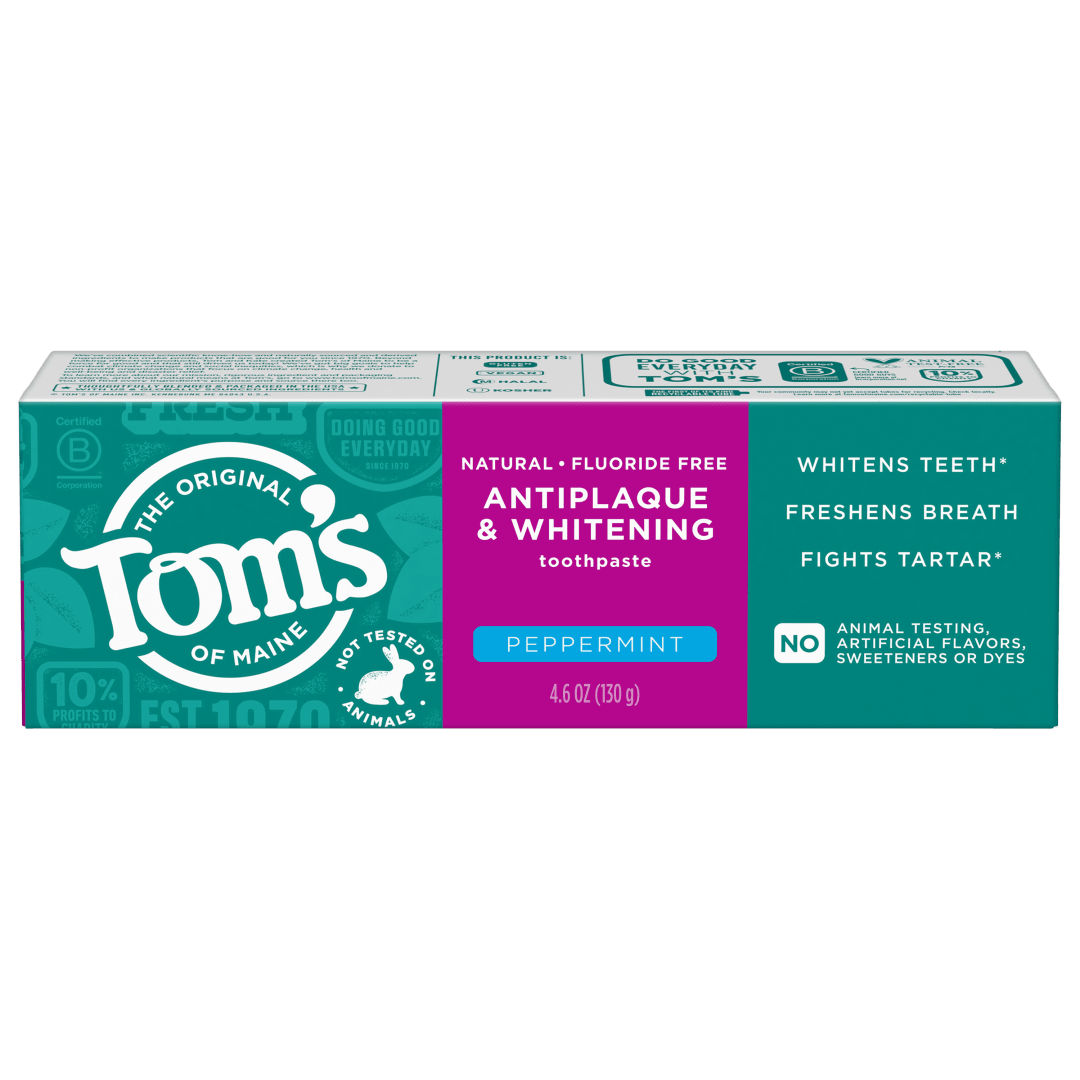 Tom’s of Maine Antiplaque and Whitening Fluoride Free Mint Toothpaste, 4 Pack, 4.6 oz