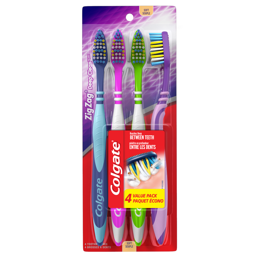 Colgate ZigZag Deep Clean Manual Toothbrush With Tongue and Cheek Cleaner, Soft, 4 Pack