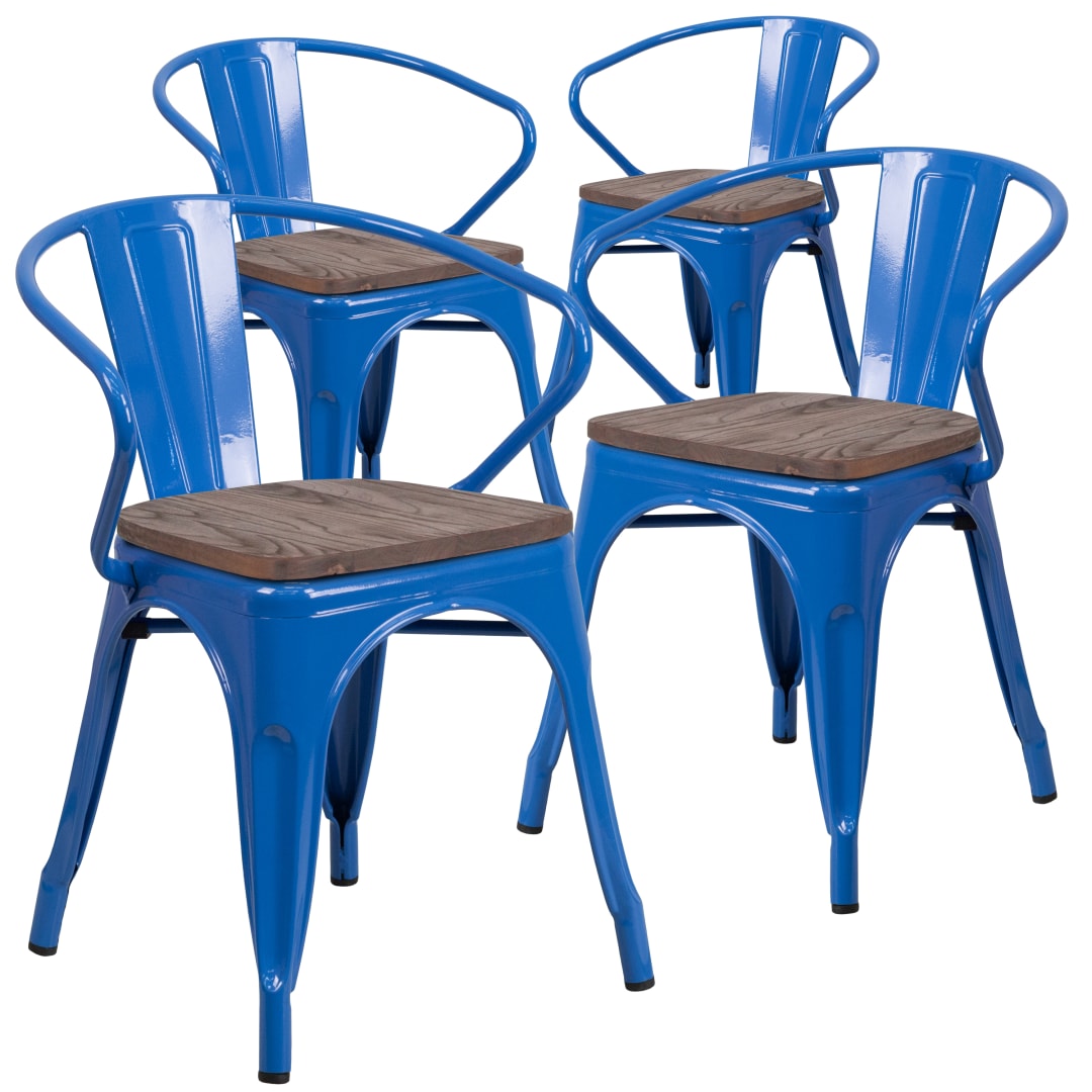 Roy 4 Pk. Blue Metal Chair with Wood Seat and Arms