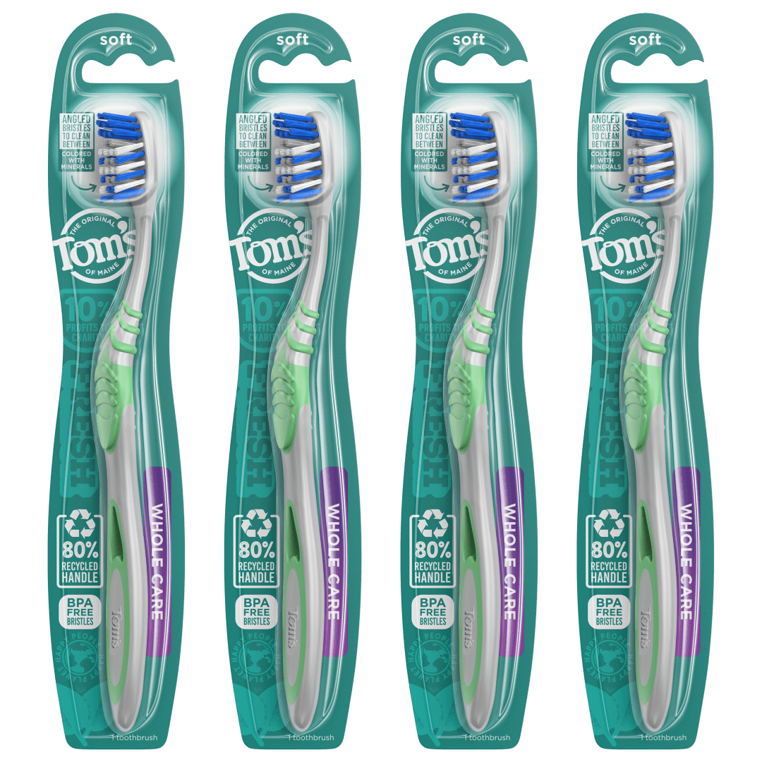 Tom's of Maine Whole Care Natural Toothbrush with 80% Recycled Plastic Handle & Soft Bristles, 4-Pk