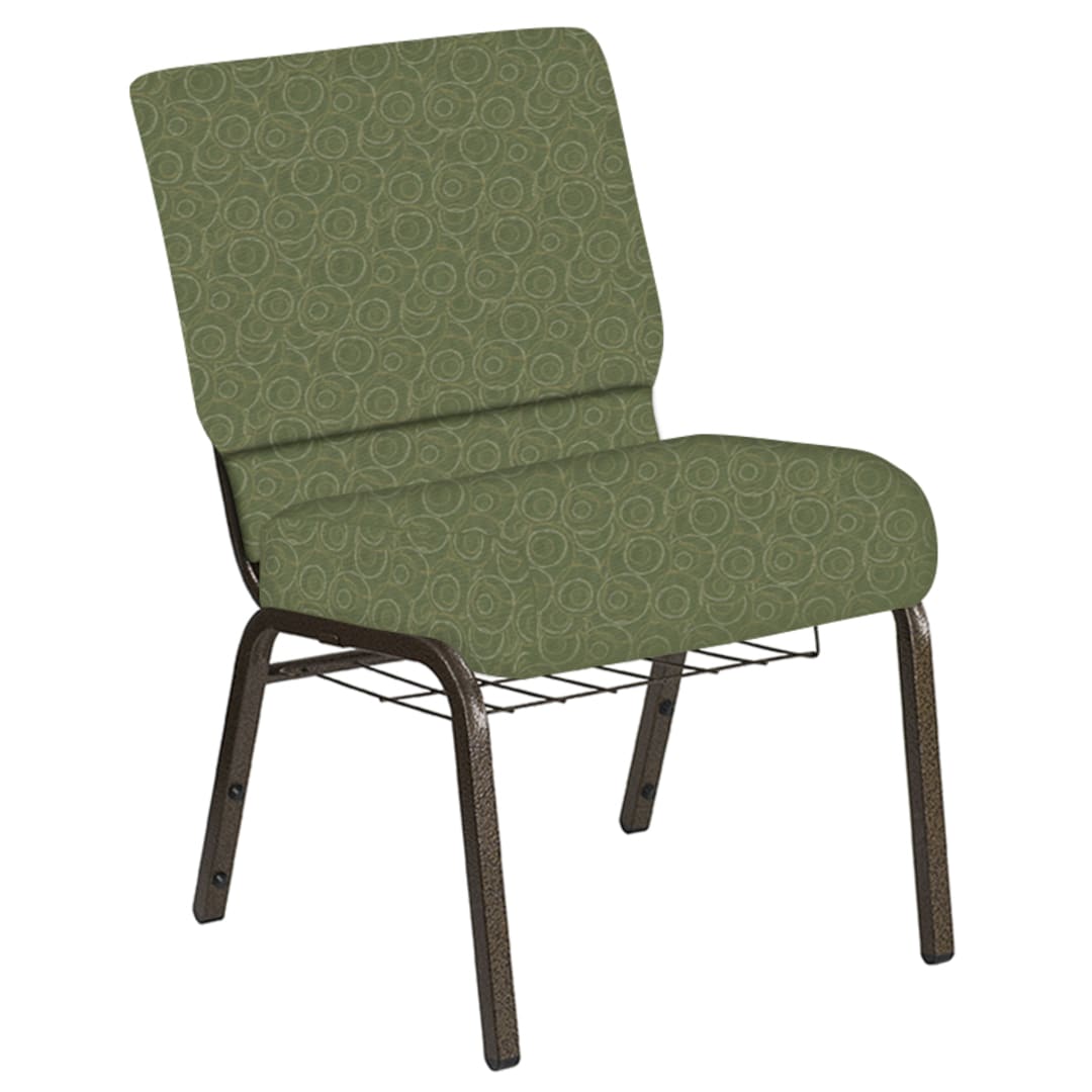 Embroidered 21''W Church Chair in Martini Olive Fabric with Book Rack - Gold Vein Frame