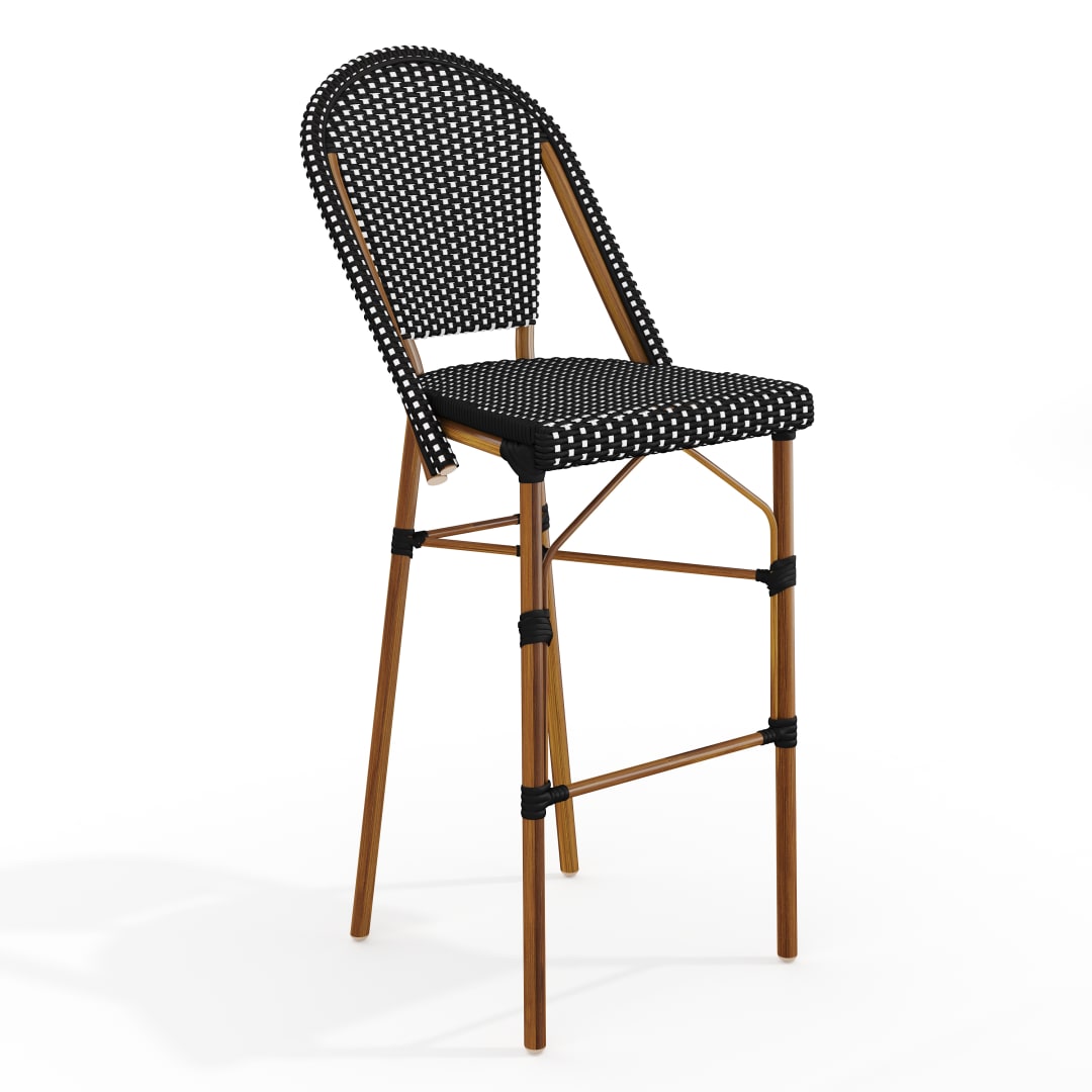 Lily Pond Indoor-Outdoor Stackable Bistro Bar Stool with Natural Woodgrain Aluminum Finish Frame and Black/White Woven Rattan Back and Seat