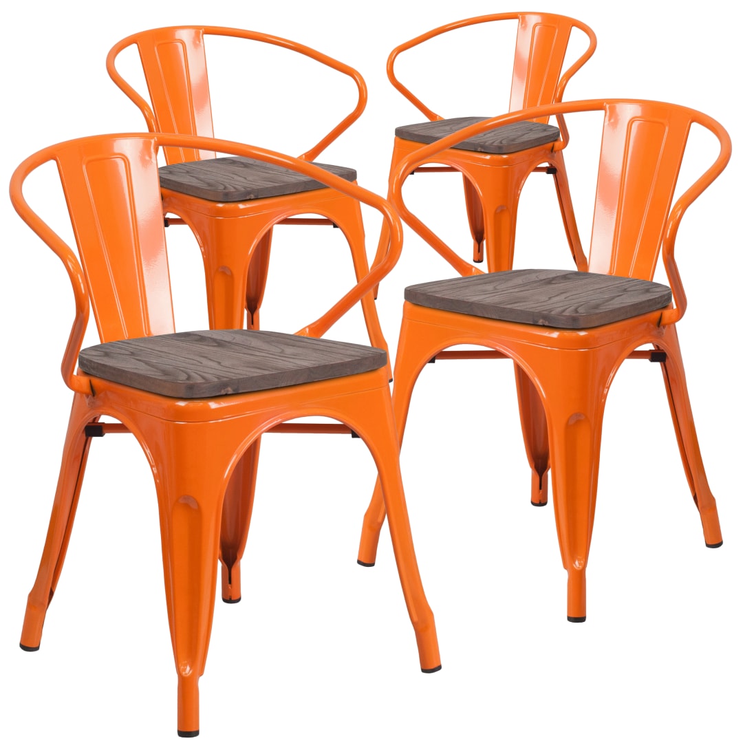 Roy 4 Pk. Orange Metal Chair with Wood Seat and Arms