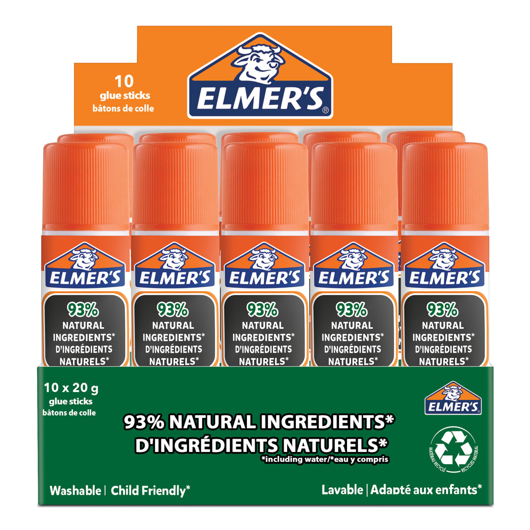 Barras de pegamento puro de Elmer | 93 % de ingredientes naturales | Ideal para clase y manualidades | Lavable y apto para niños | 20 g | paquete de 10