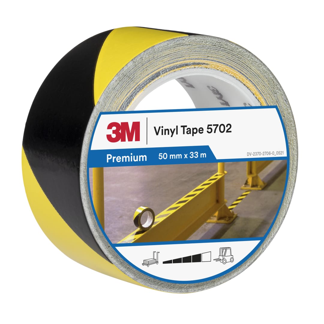 3M™ Uyarı ve İşaretleme Bandı 5702, Sarı/Siyah, 50 mm x 33 m, Tek Tek Sarılmış, Uygun Paketlenmiş