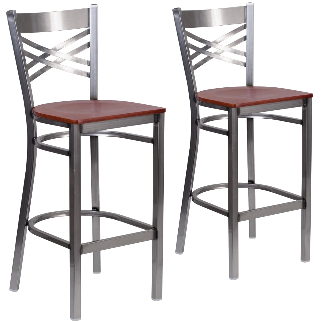 2 Pk. HERCULES Series Silver Antique Finish with Clear Coat ''X'' Back Metal Restaurant Barstool - Cherry Wood Seat