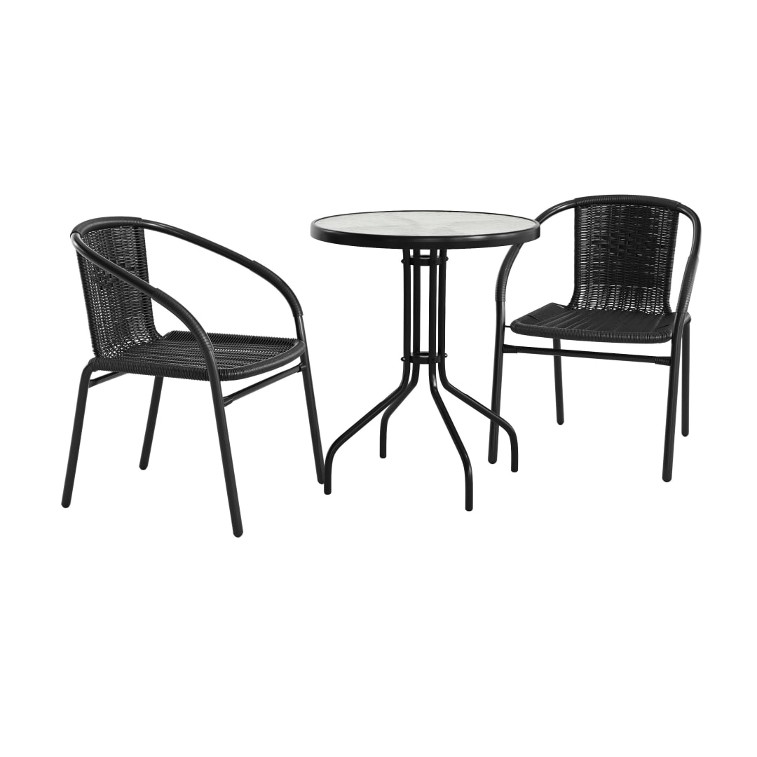 Lila 23.75'' Round Glass Metal Table with 2 Black Rattan Stack Chairs